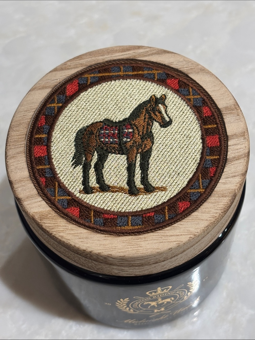 NWT Lexington Riding Society Wood-Top Embroidered Horse candle - midnight woods